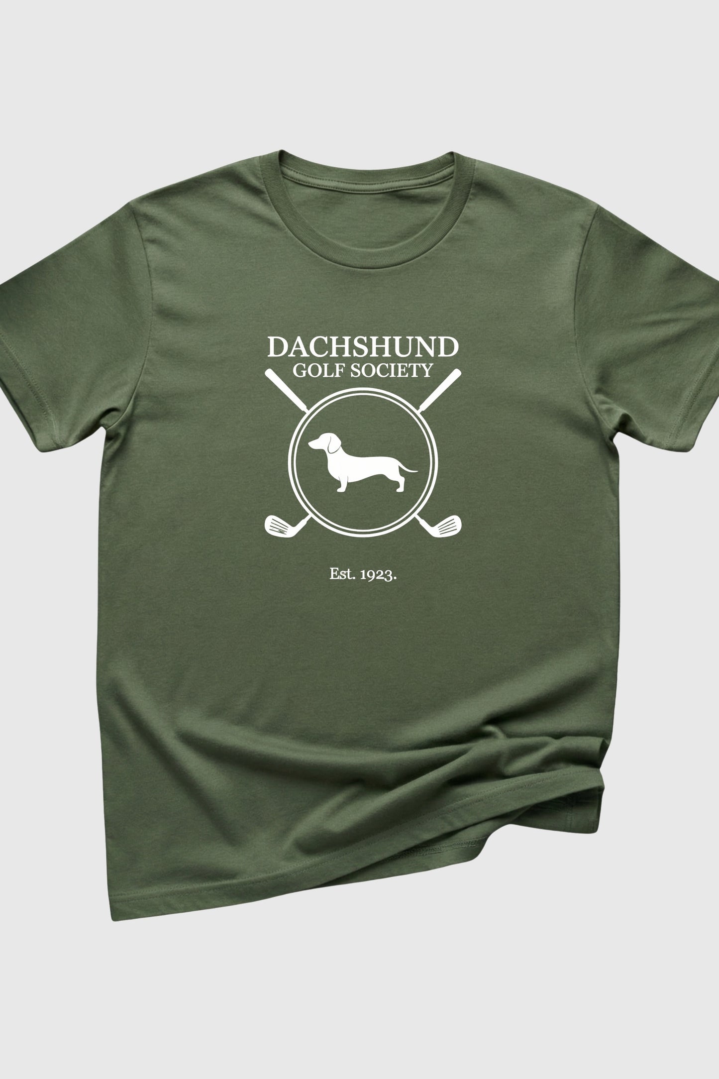 Woman wearing black dachshund golf society t-shirt