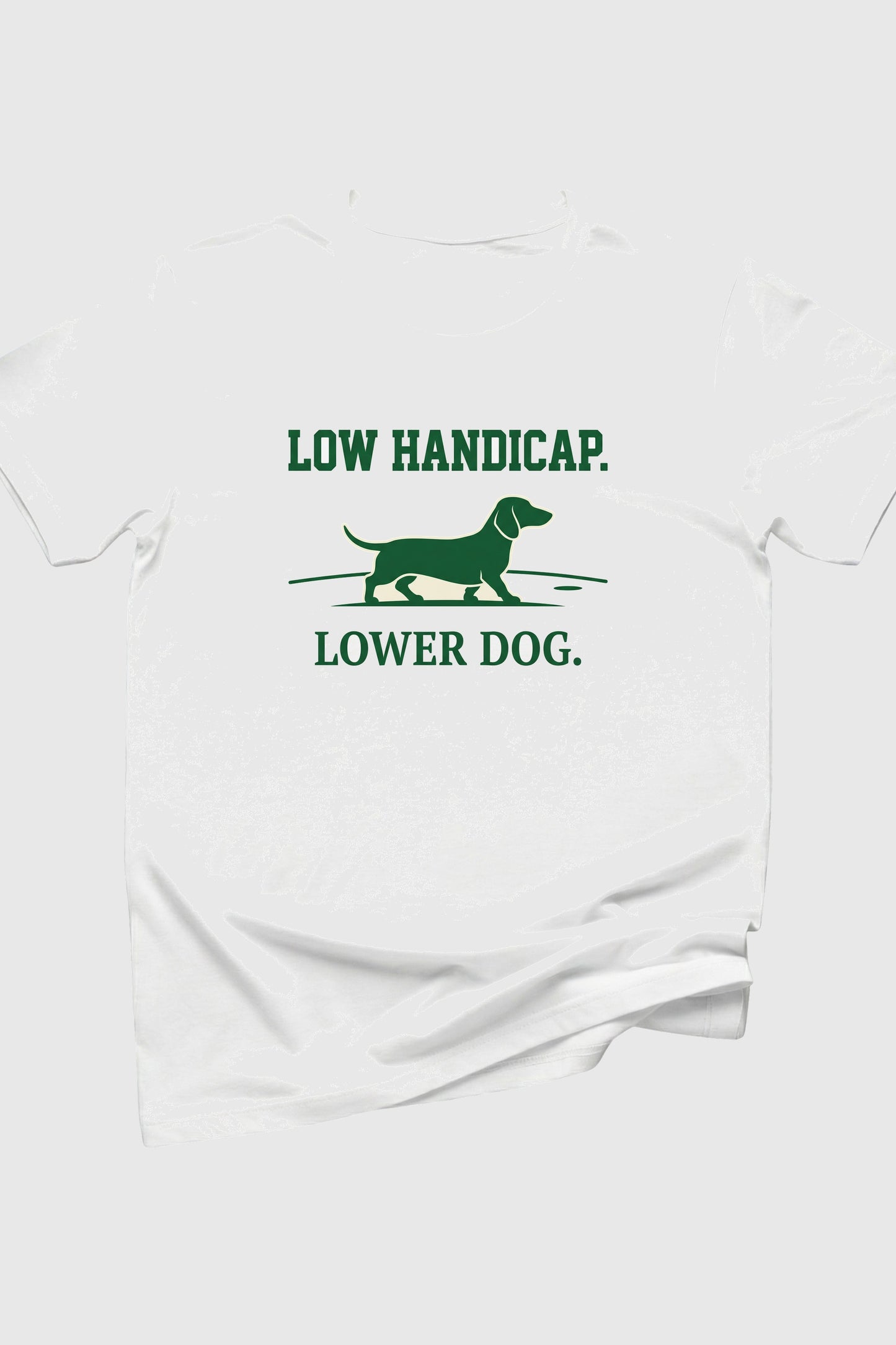 Woman wearing black dachshund golf t-shirt