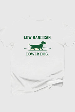 Woman wearing black dachshund golf t-shirt