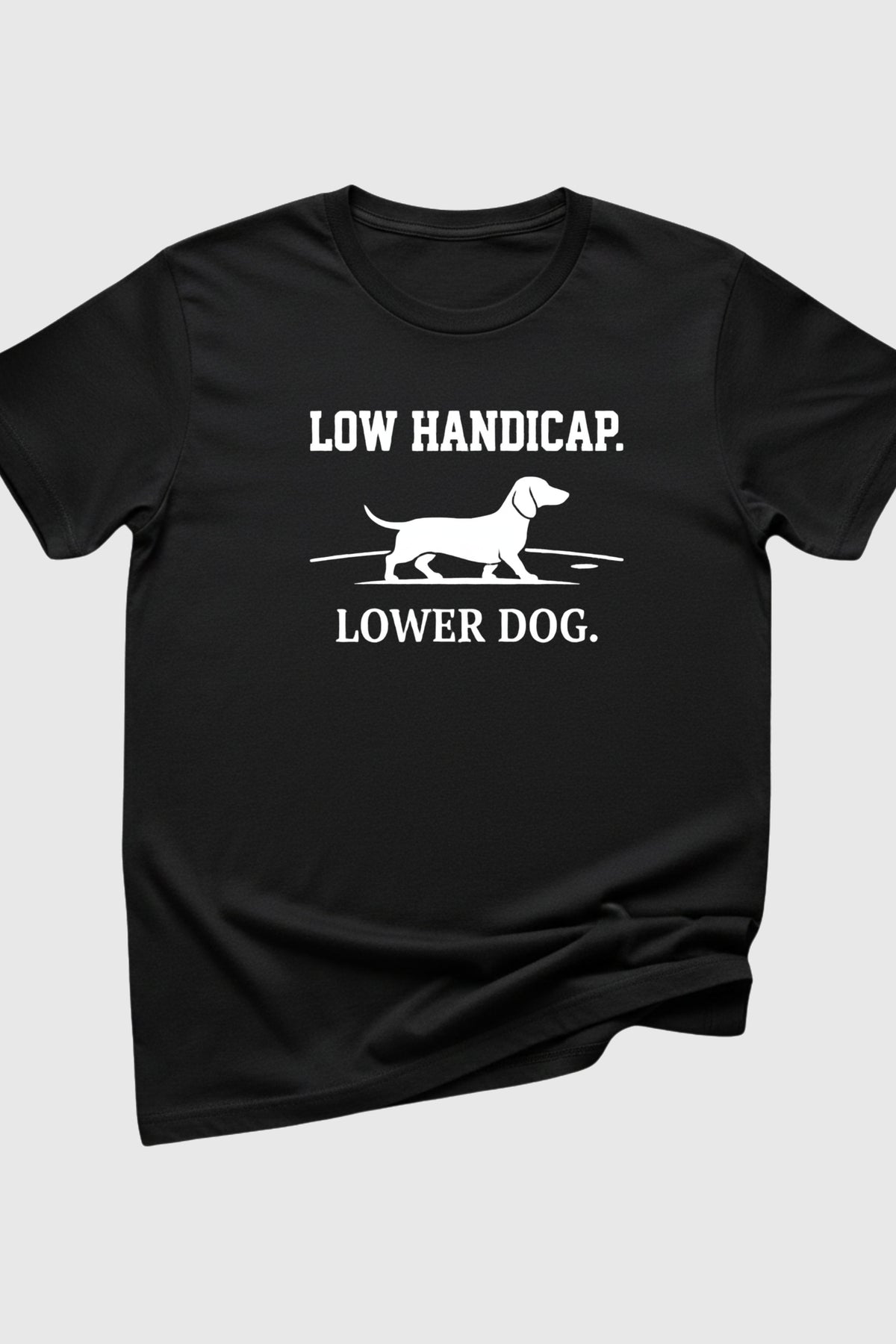 Low handicap lower dog dachshund print close-up on white t-shirt