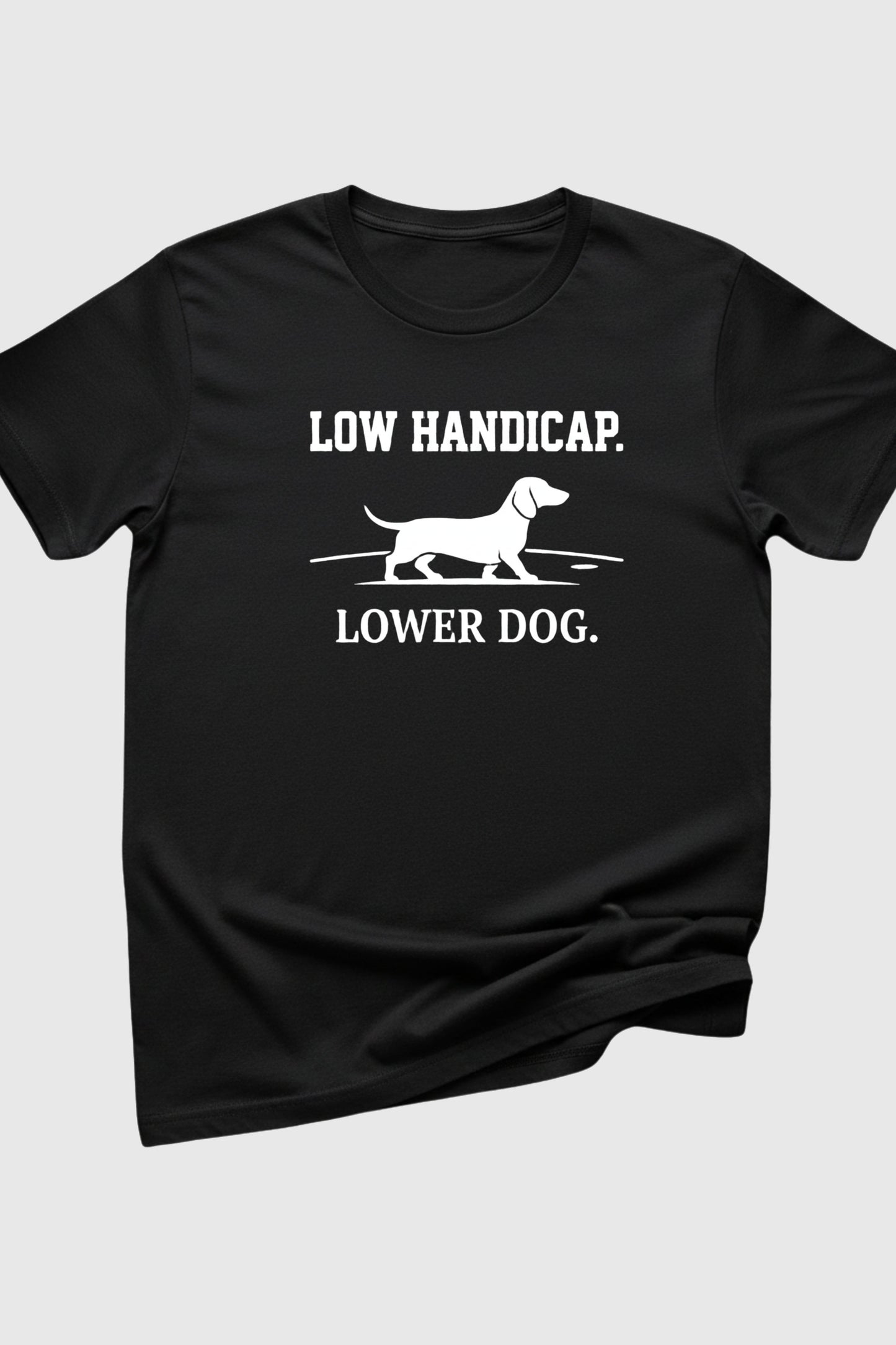 Low handicap lower dog dachshund print close-up on white t-shirt