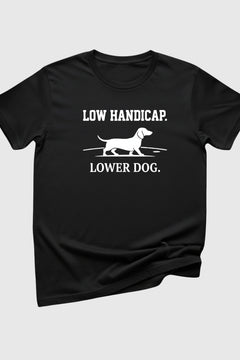 Low handicap lower dog dachshund print close-up on white t-shirt