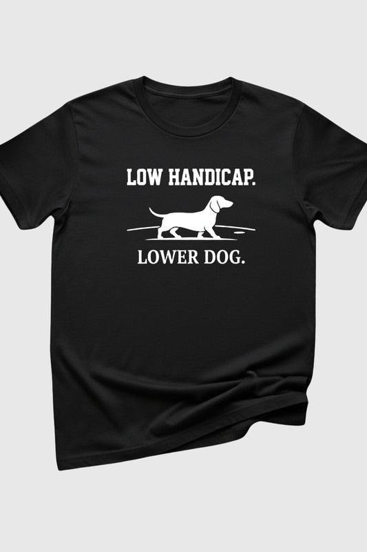 Low handicap lower dog dachshund print close-up on white t-shirt