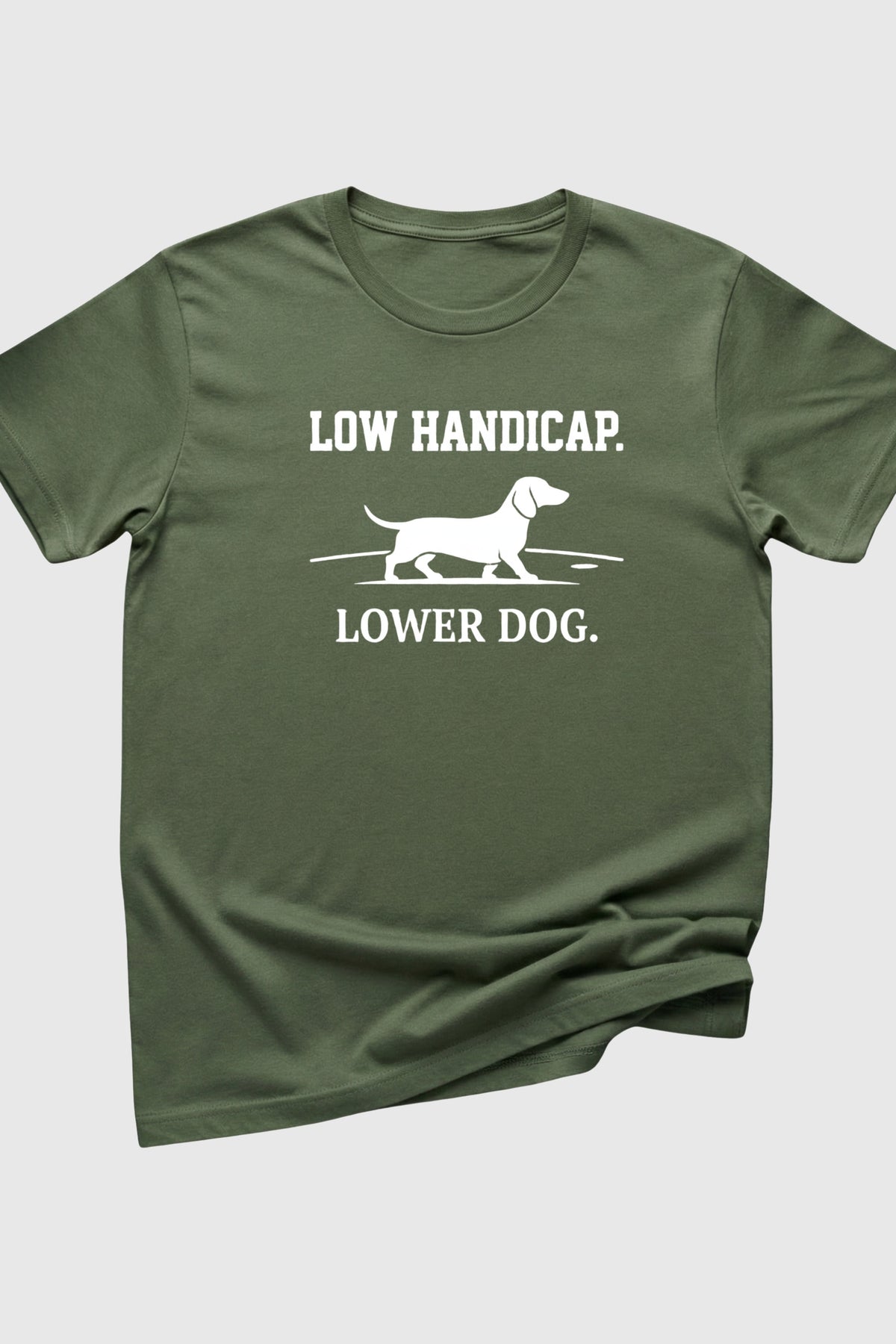 Black dachshund golf t-shirt with low handicap lower dog print, unisex crew neck
