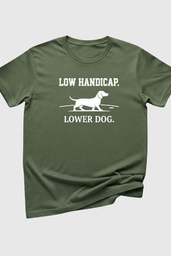Black dachshund golf t-shirt with low handicap lower dog print, unisex crew neck