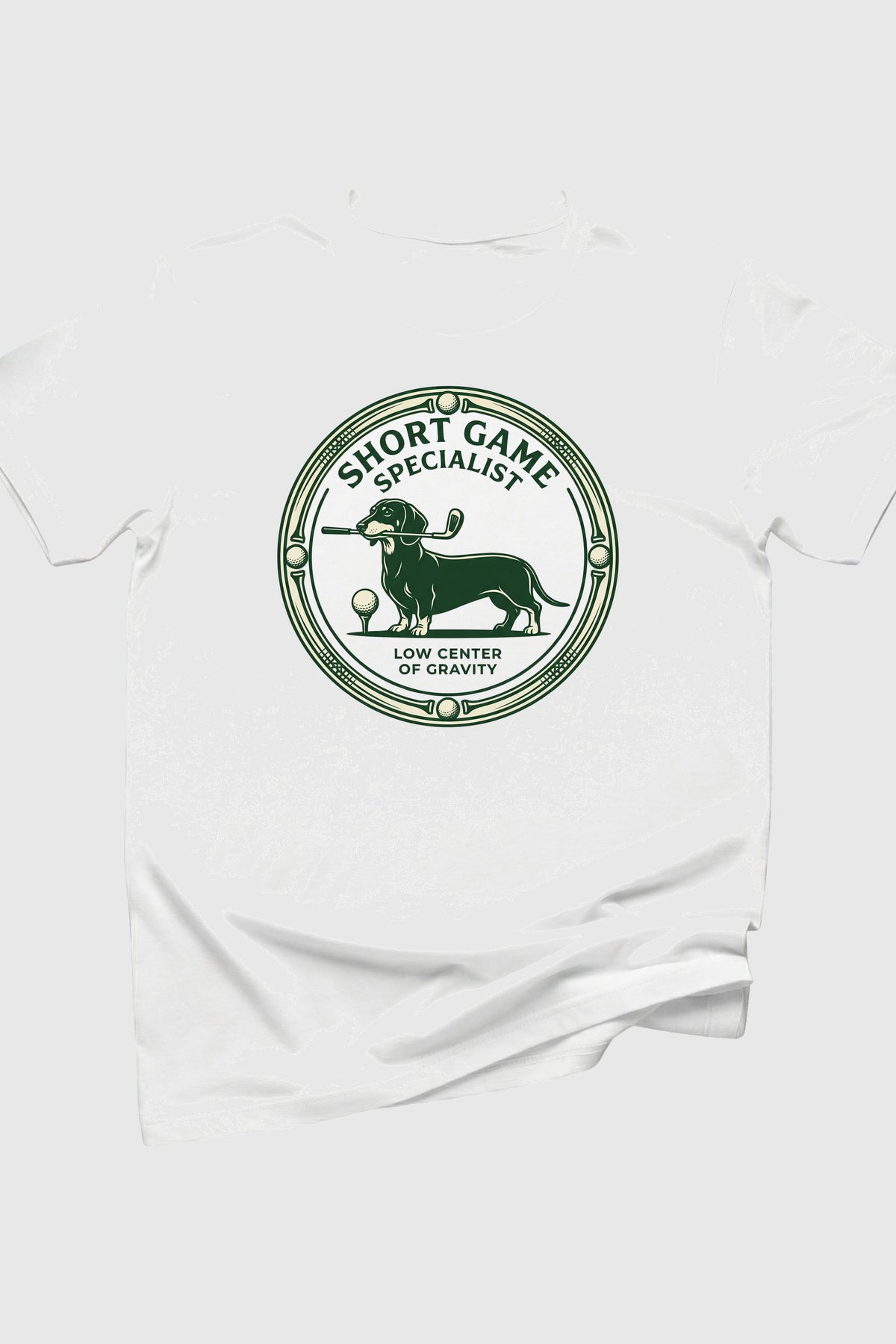 Short game specialist dachshund print close-up on white t-shirt