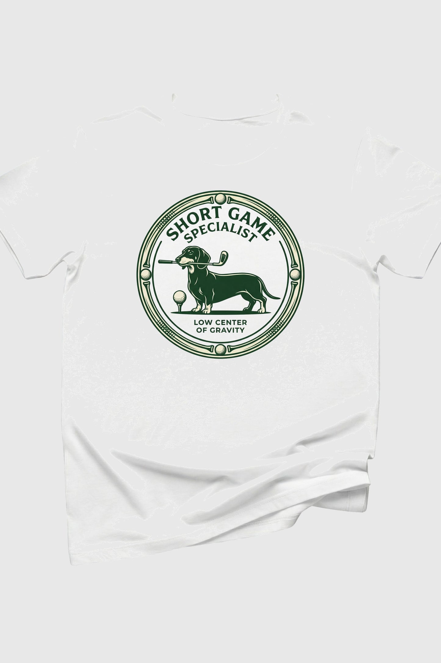 Short game specialist dachshund print close-up on white t-shirt