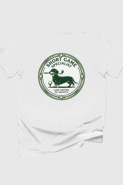 Short game specialist dachshund print close-up on white t-shirt
