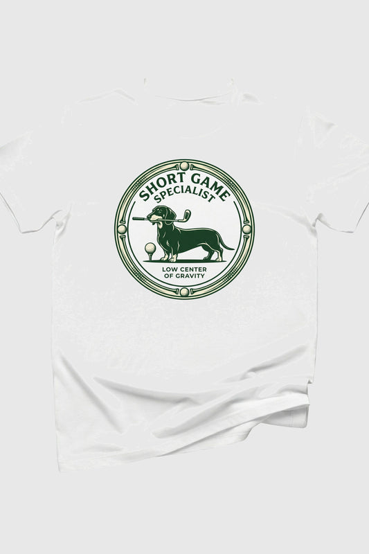 Short game specialist dachshund print close-up on white t-shirt