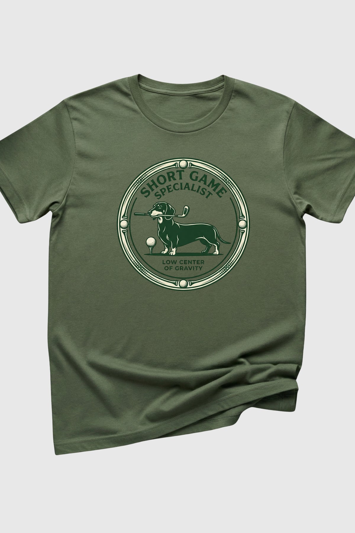 Black dachshund golf t-shirt with short game specialist print, unisex crew neck