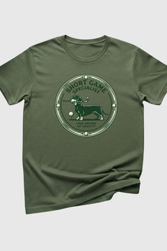 Black dachshund golf t-shirt with short game specialist print, unisex crew neck