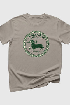 Man wearing black short game specialist dachshund t-shirt