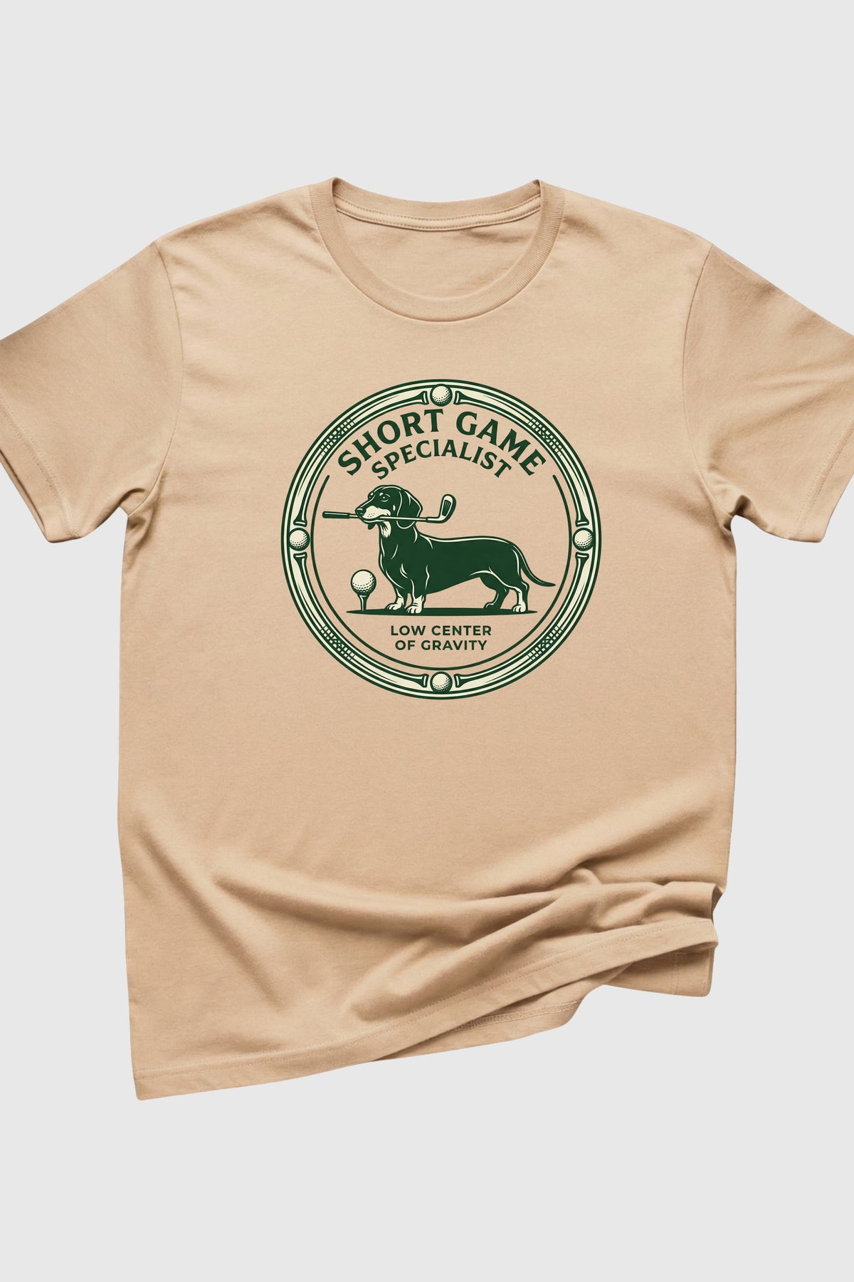Short game specialist print close-up on black dachshund golf t-shirt