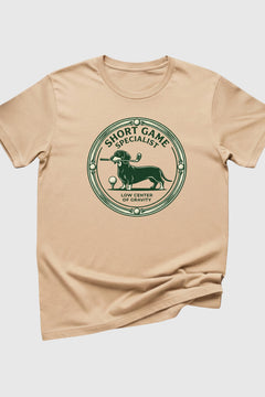 Short game specialist print close-up on black dachshund golf t-shirt