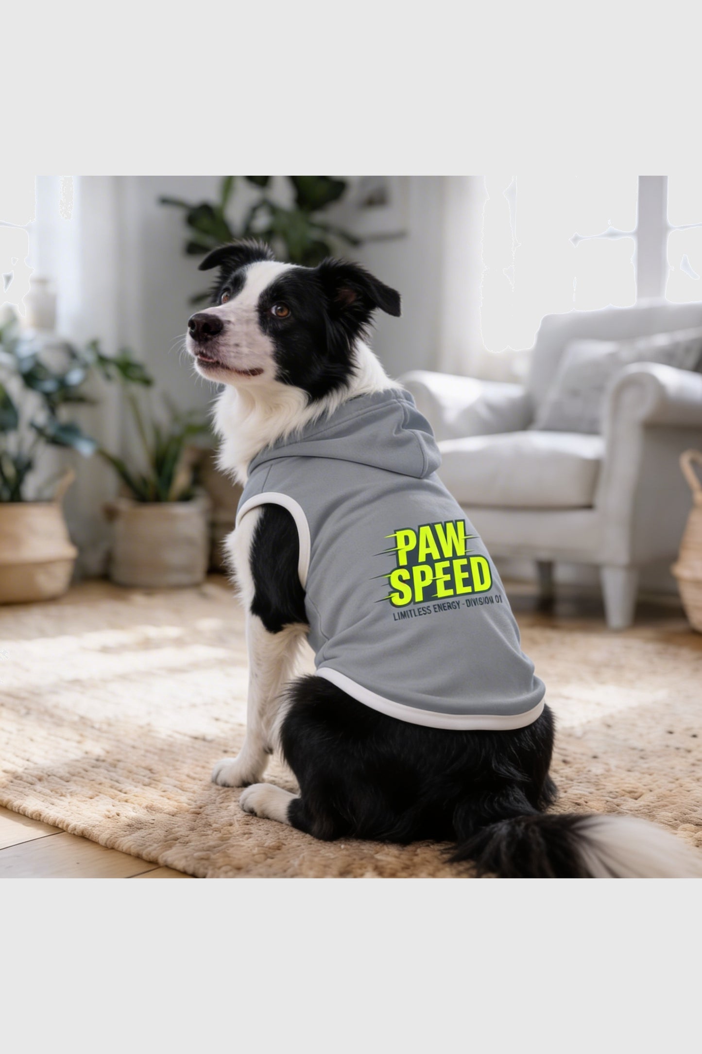 Gray dog hoodie with paw speed print, pullover style