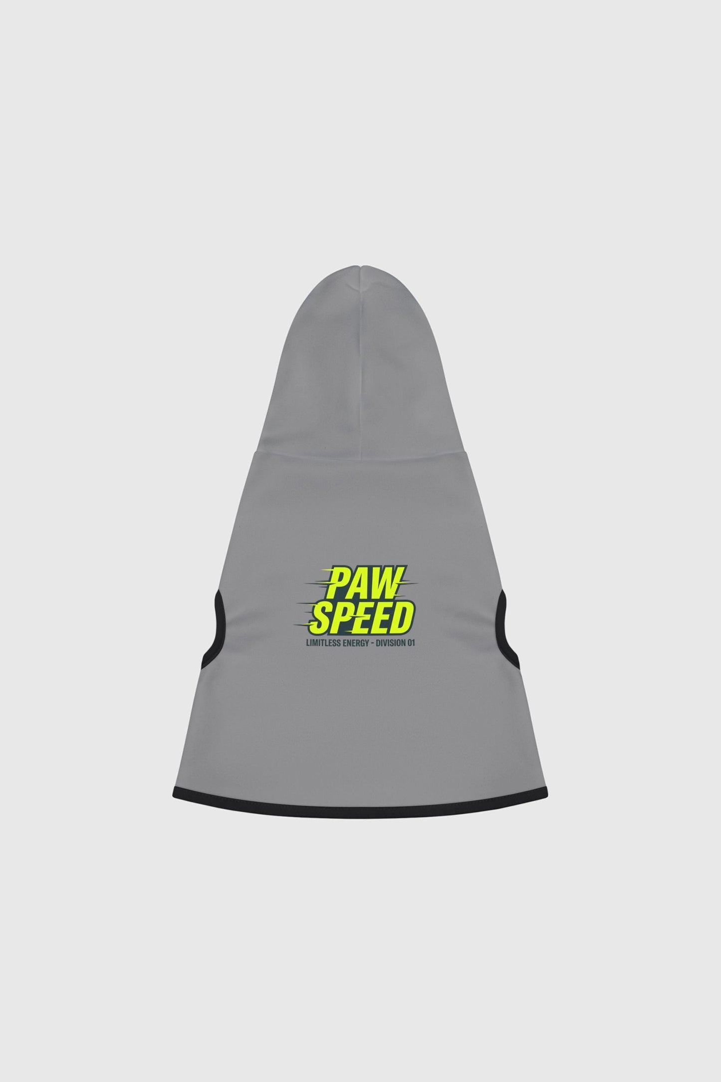 Dachshund wearing gray dog hoodie with paw speed design