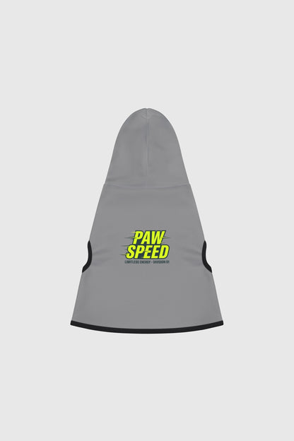 Dachshund wearing gray dog hoodie with paw speed design