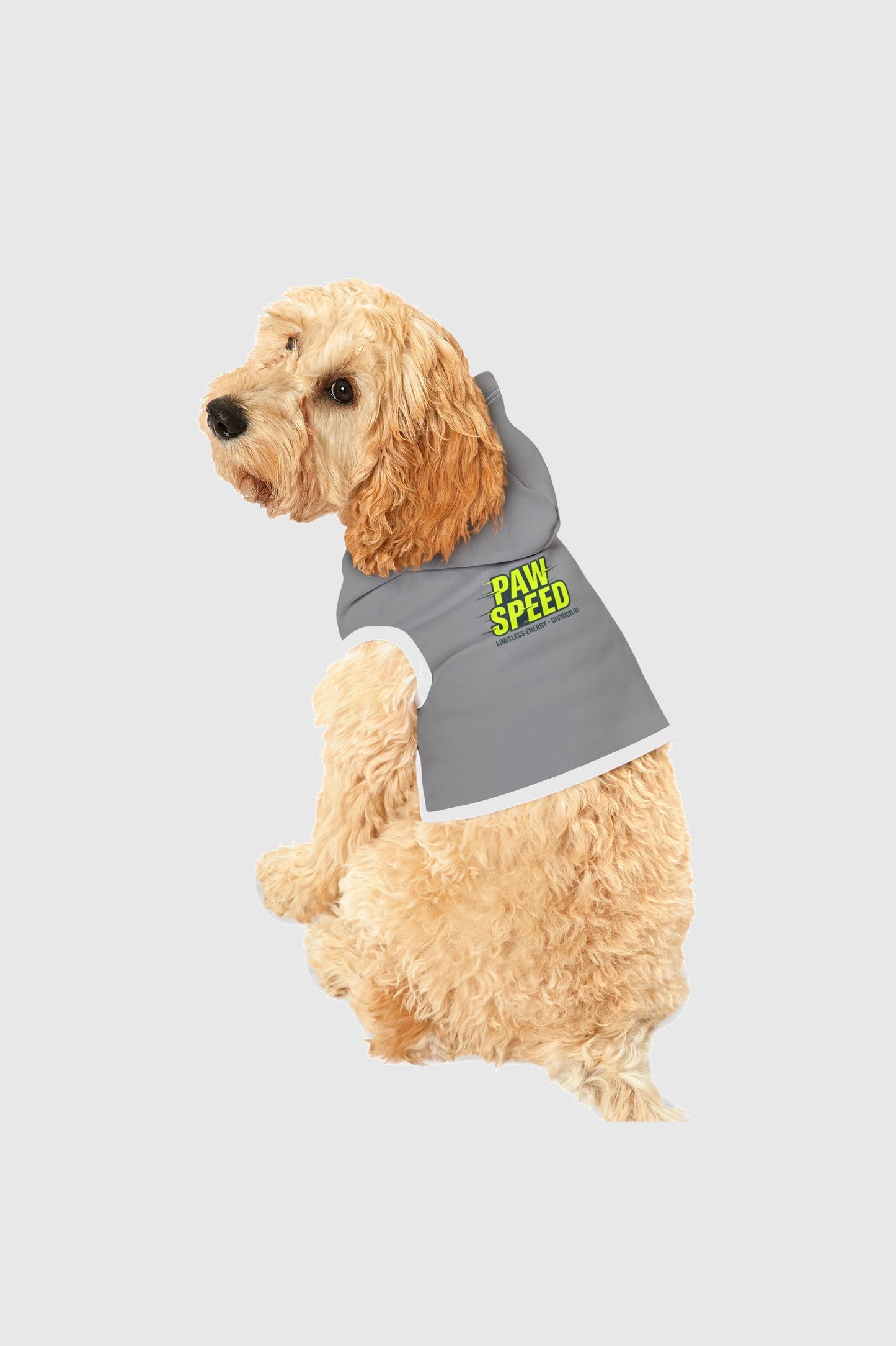 Paw speed print detail on gray dog hoodie