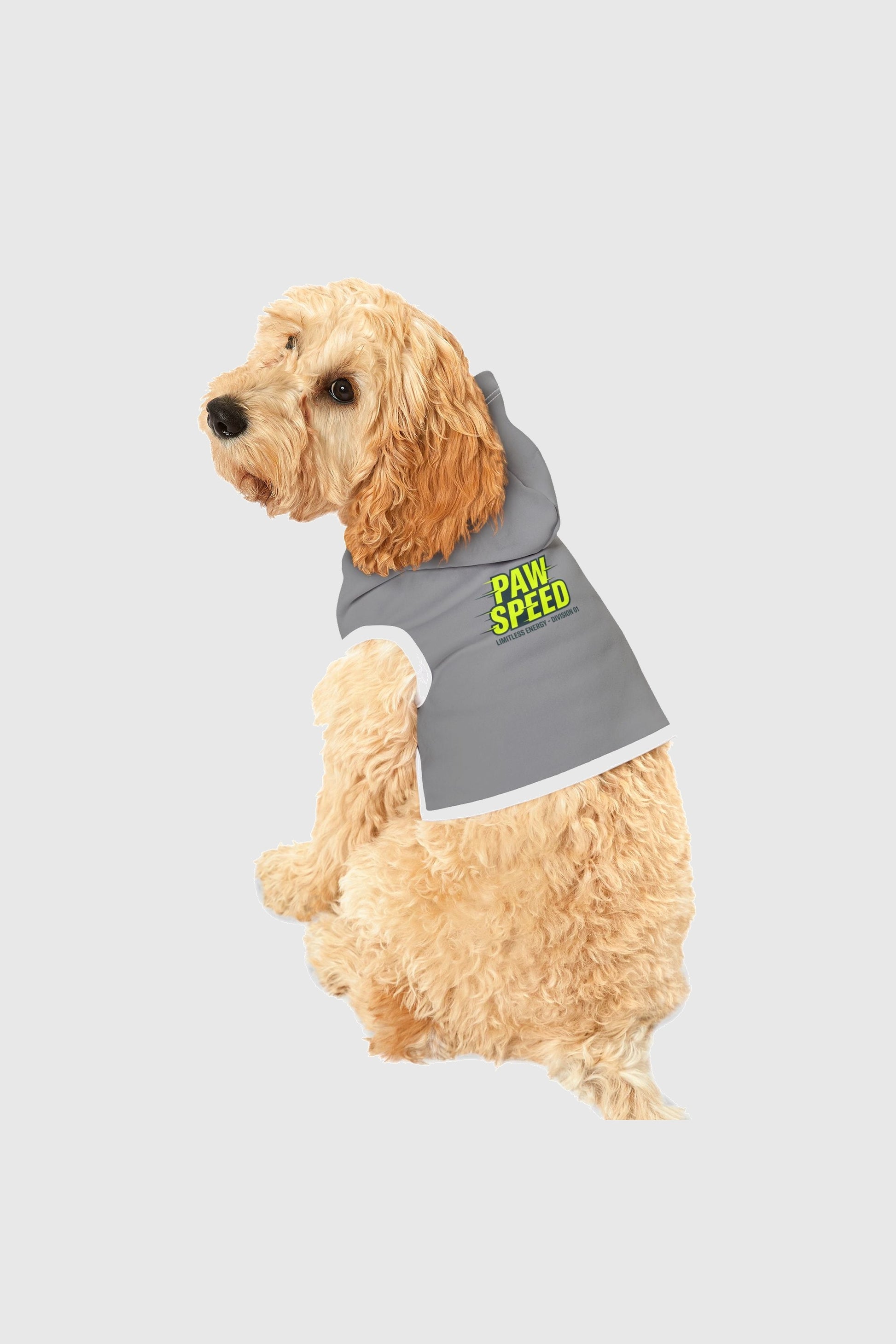 Paw speed print detail on gray dog hoodie