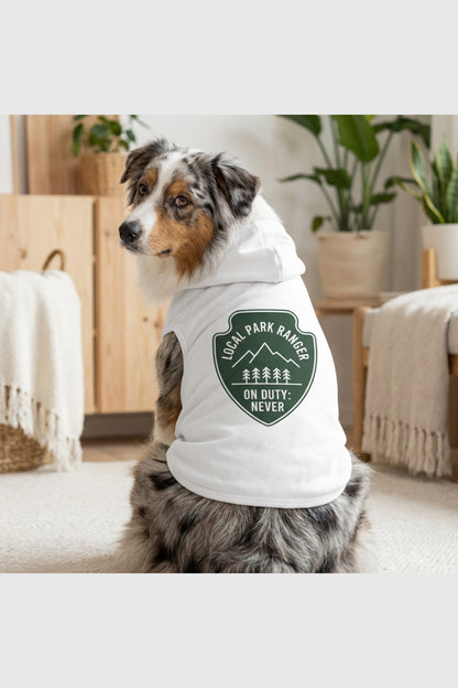 Green dog hoodie with local park ranger on duty print, pullover style