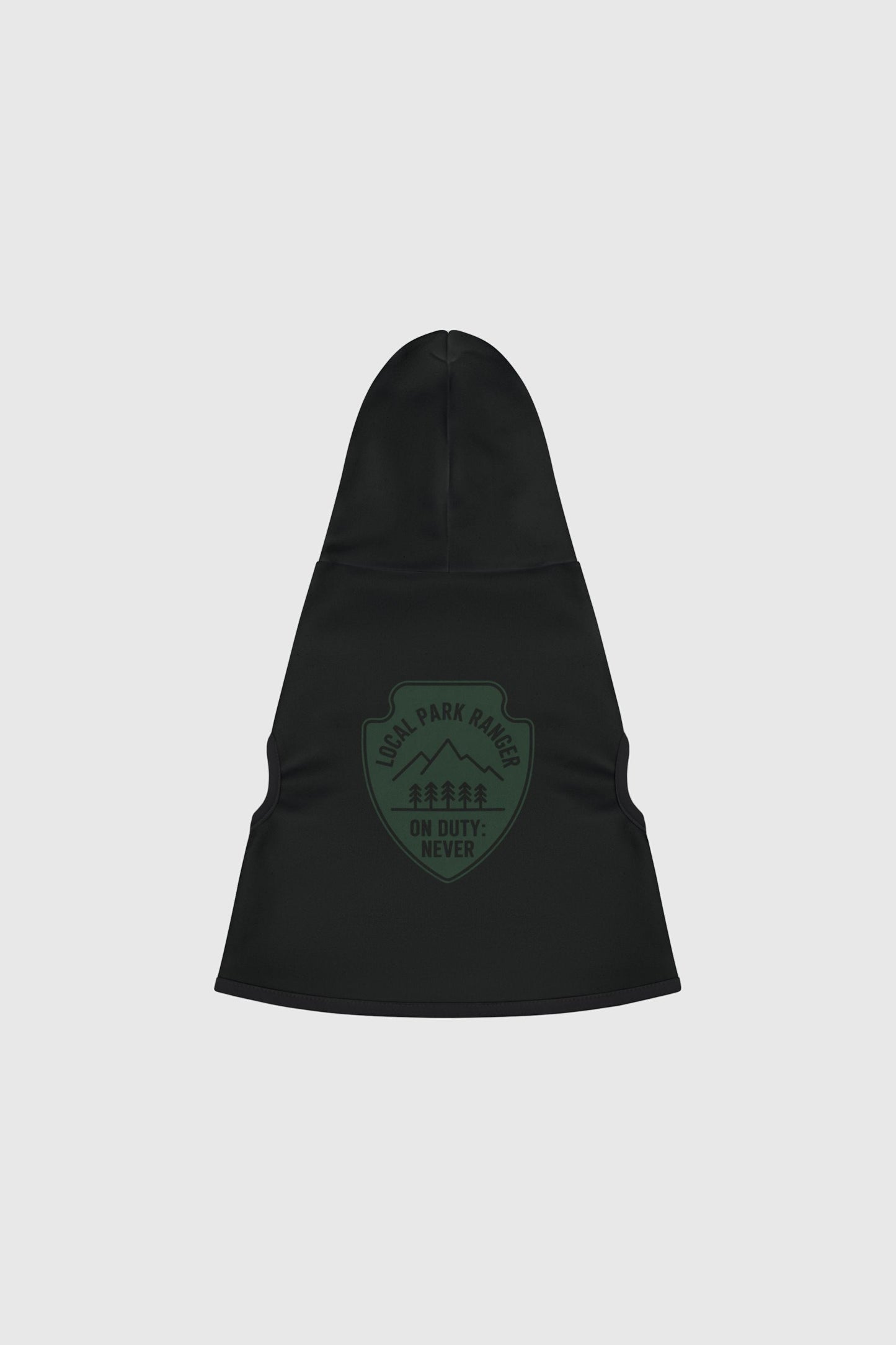 Dachshund in green local park ranger dog hoodie, outdoor setting