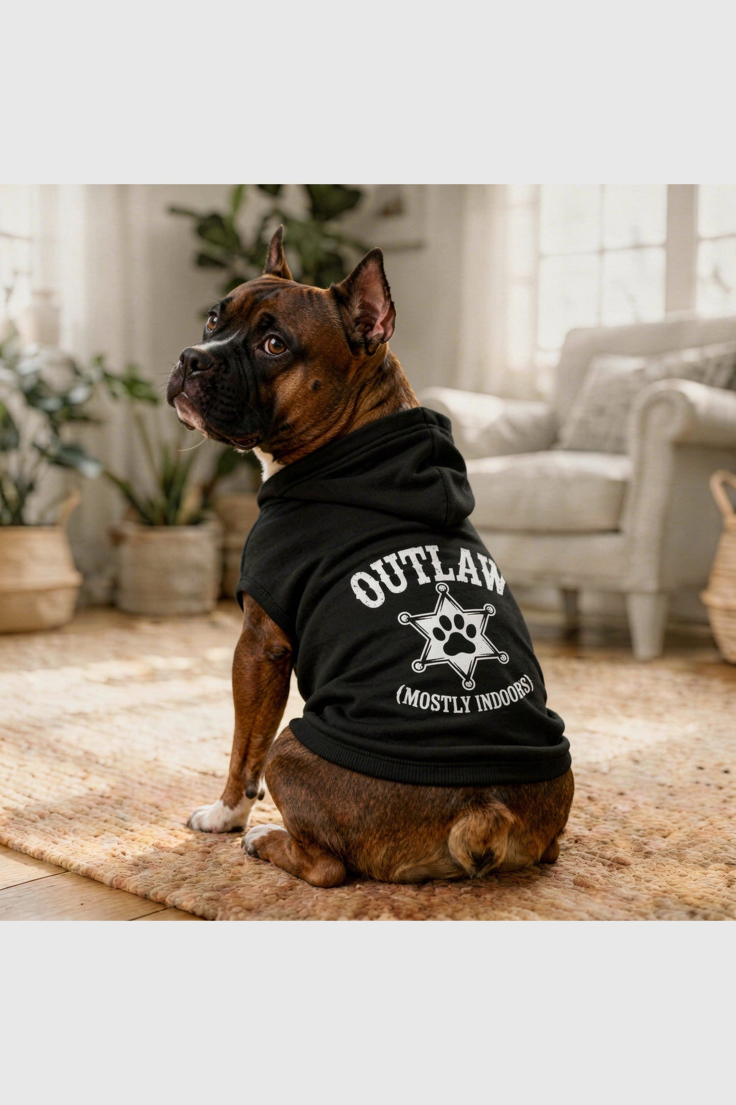 Dog hoodie with outlaw mostly indoors print, pullover style