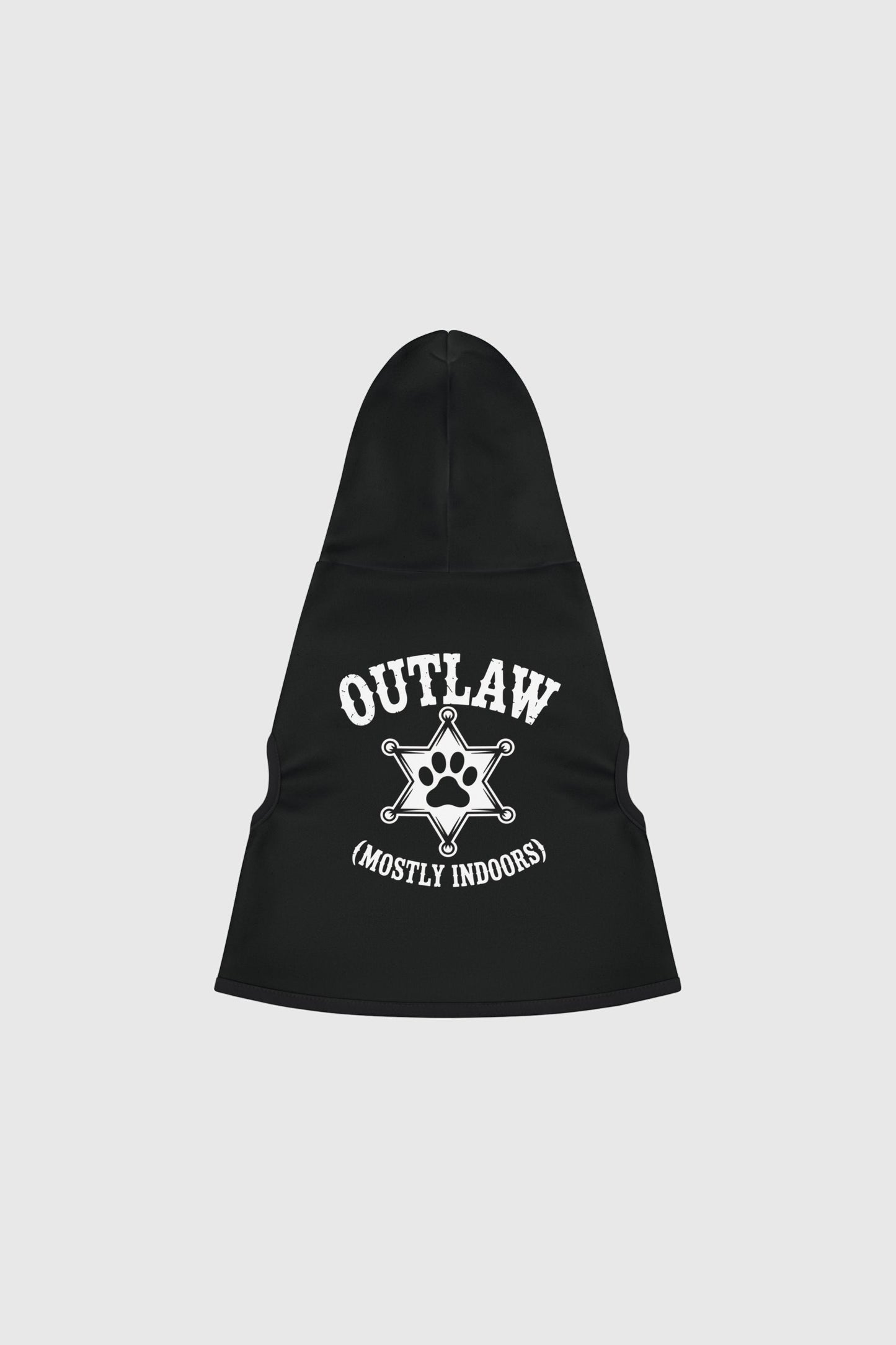 Dachshund wearing outlaw mostly indoors dog hoodie