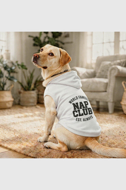 White dog hoodie with world famous nap club print, pullover style