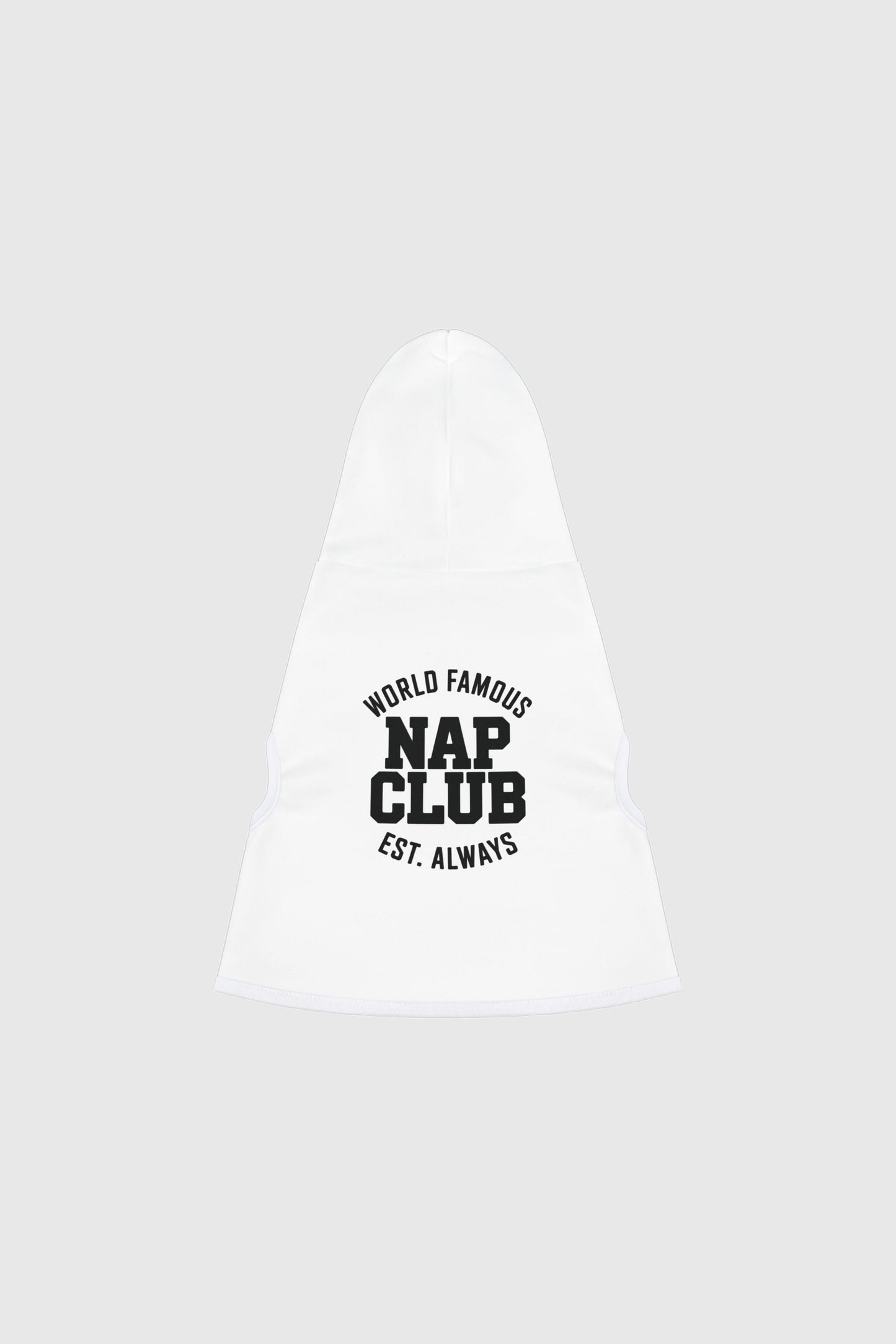 Dachshund wearing white world famous nap club dog hoodie