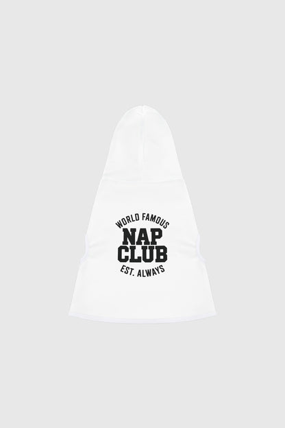Dachshund wearing white world famous nap club dog hoodie