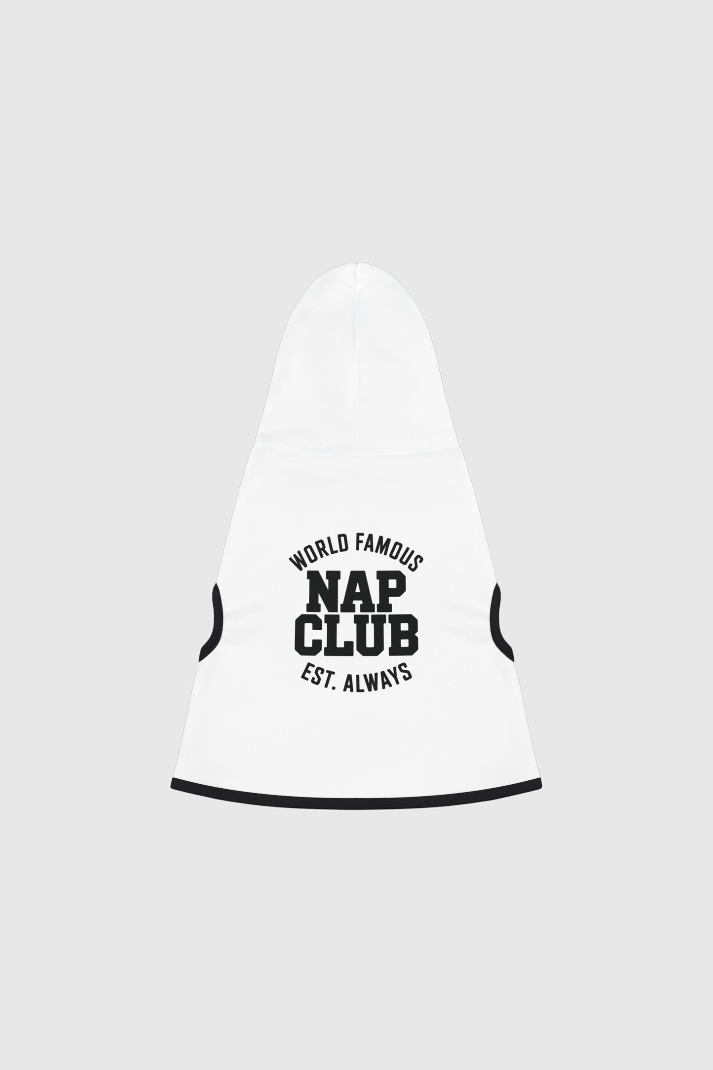 Basset hound in white dog hoodie with world famous nap club design