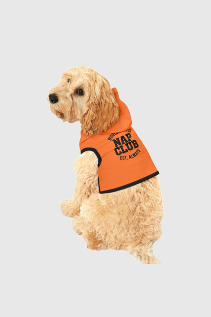 World famous nap club print detail on orange dog hoodie