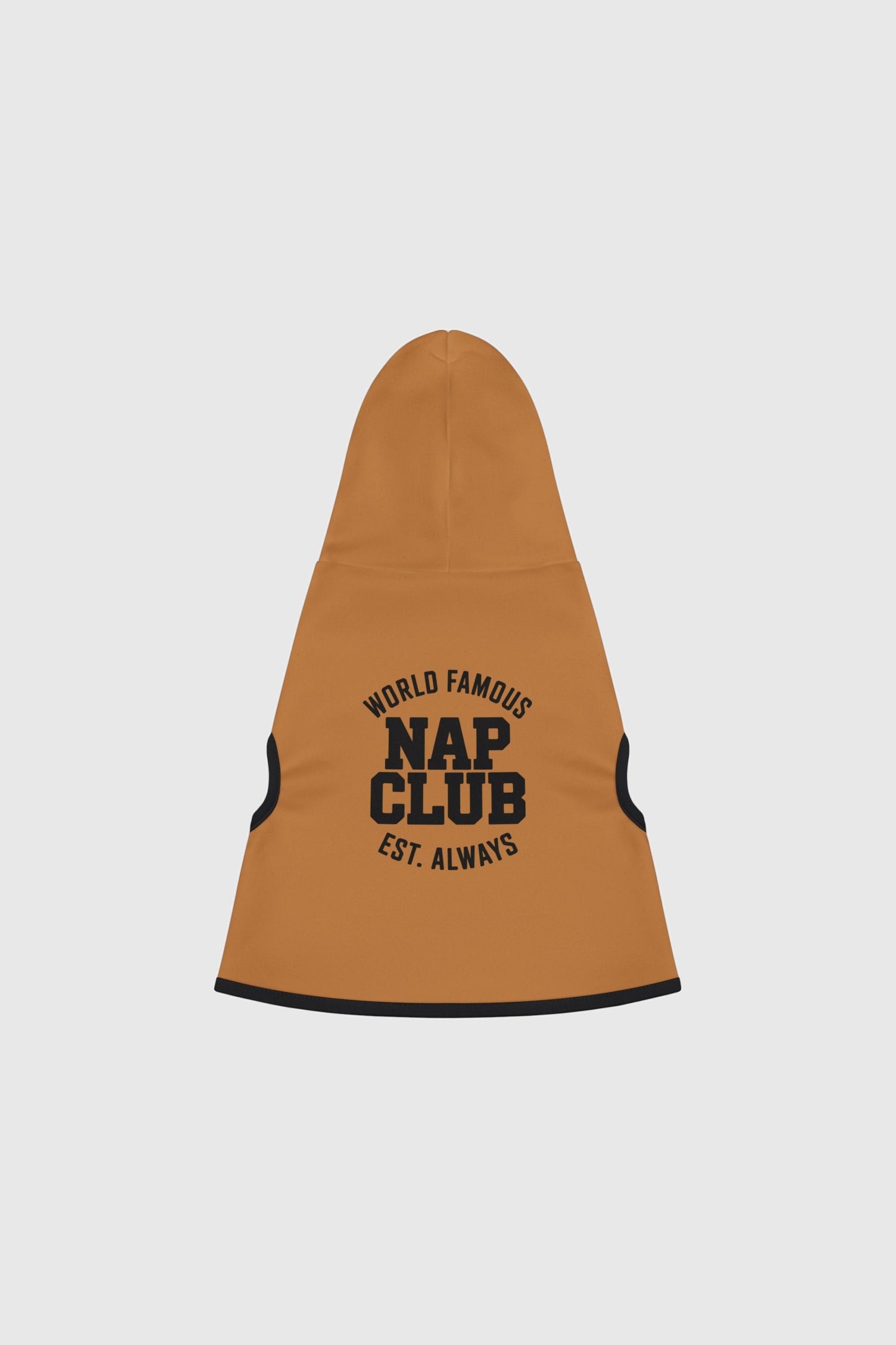 Dachshund wearing brown world famous nap club dog hoodie