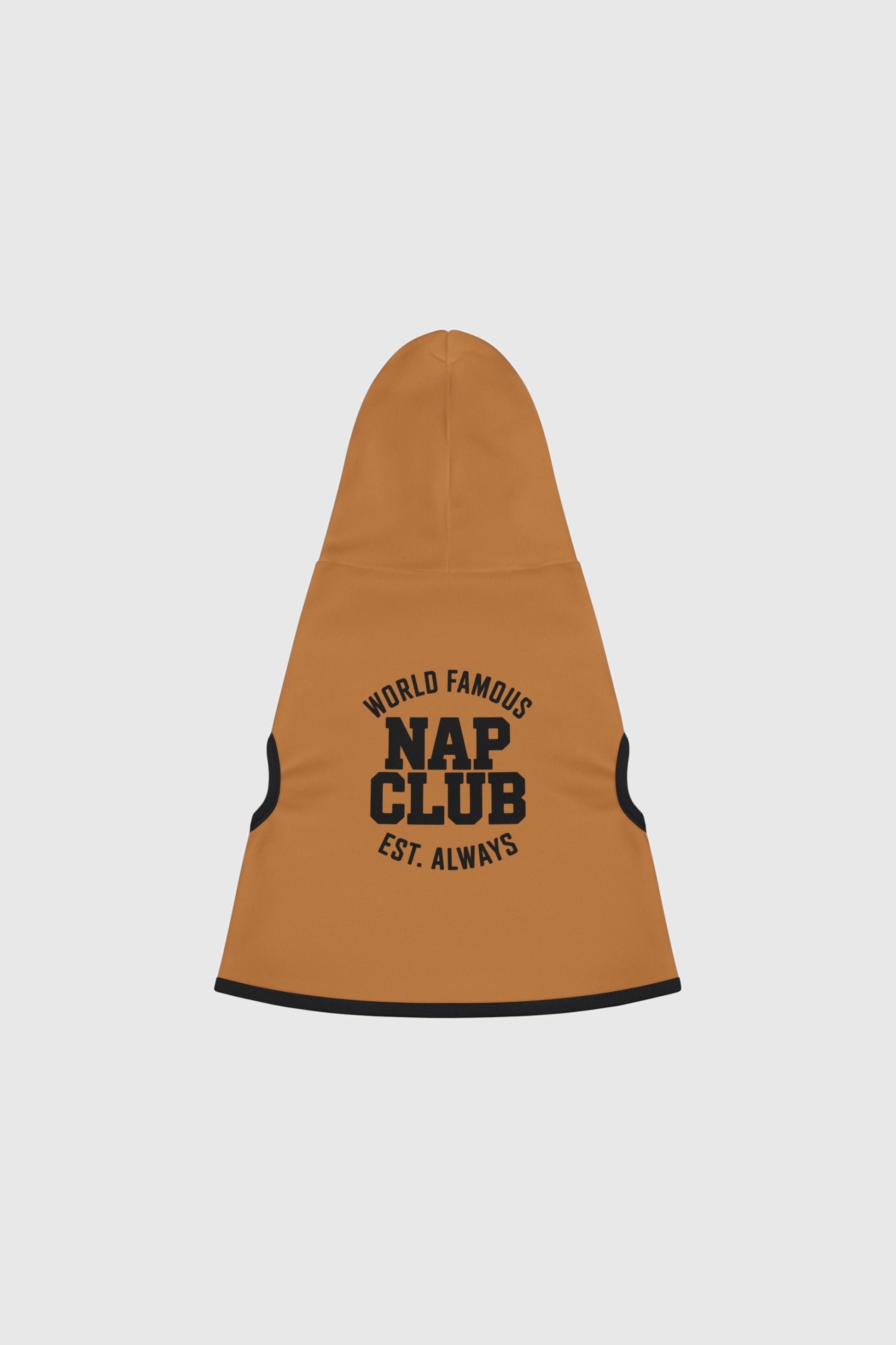 Dachshund wearing brown world famous nap club dog hoodie