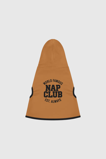 Dachshund wearing brown world famous nap club dog hoodie