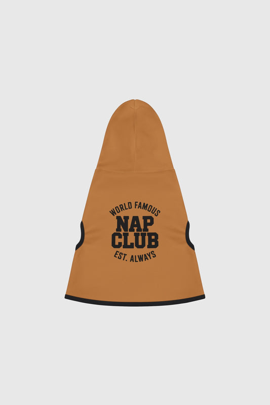 Dachshund wearing brown world famous nap club dog hoodie