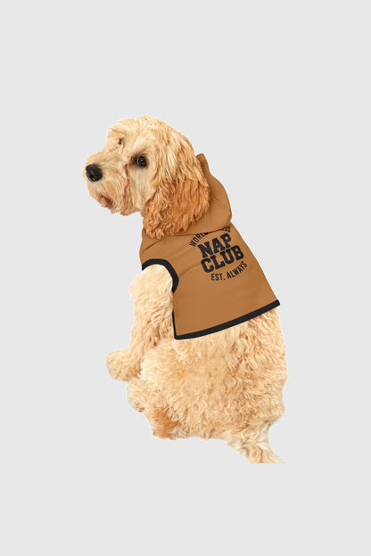 World famous nap club print detail on brown dog hoodie