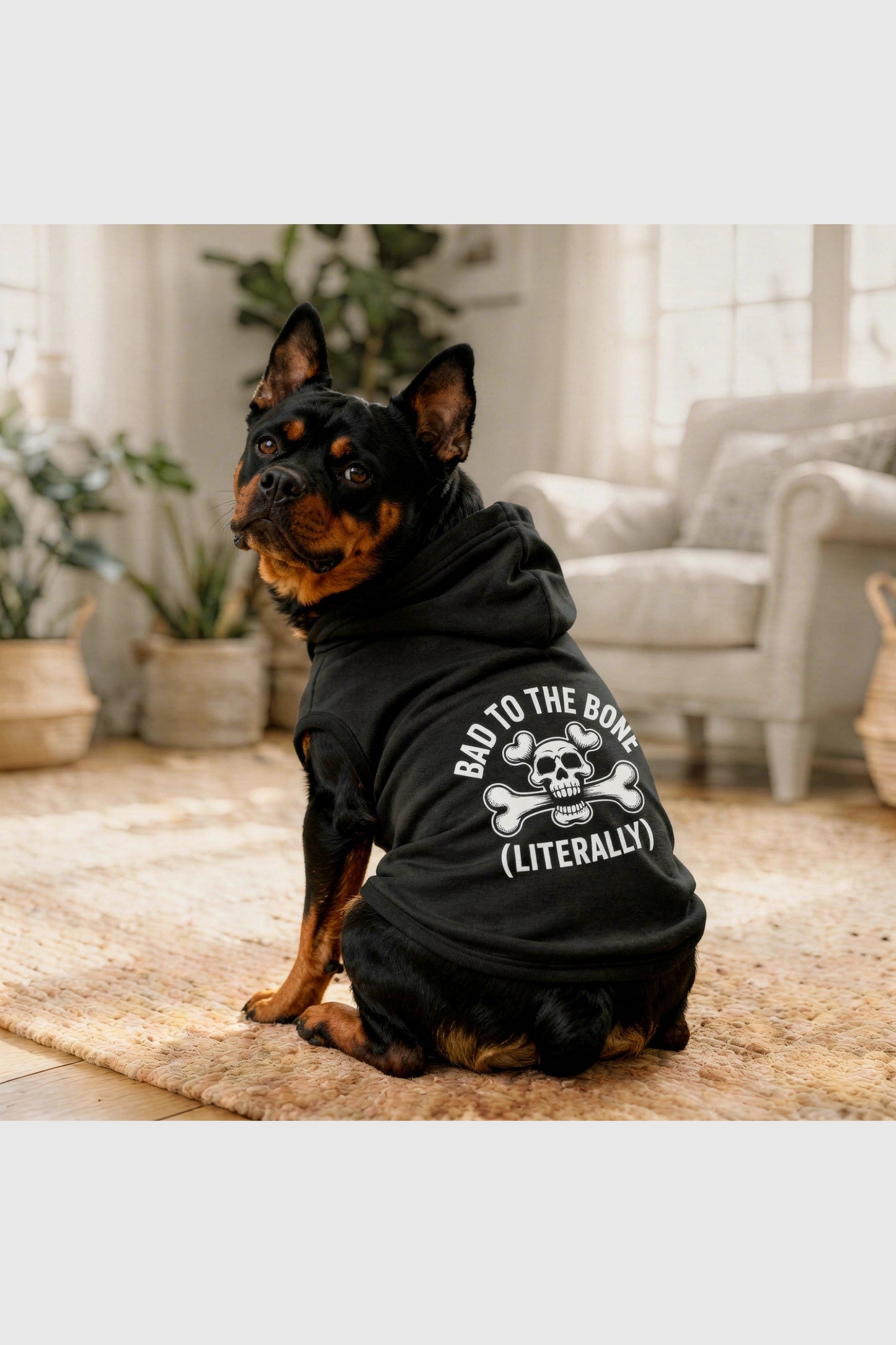 Black dog hoodie with bad to the bone print, pullover style