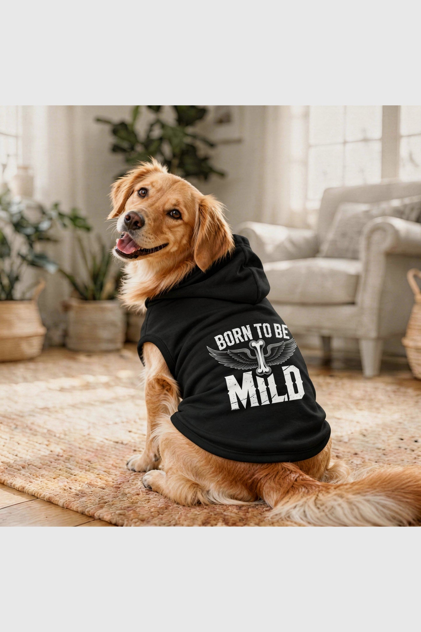 Black dog hoodie with born to be mild print, pullover style