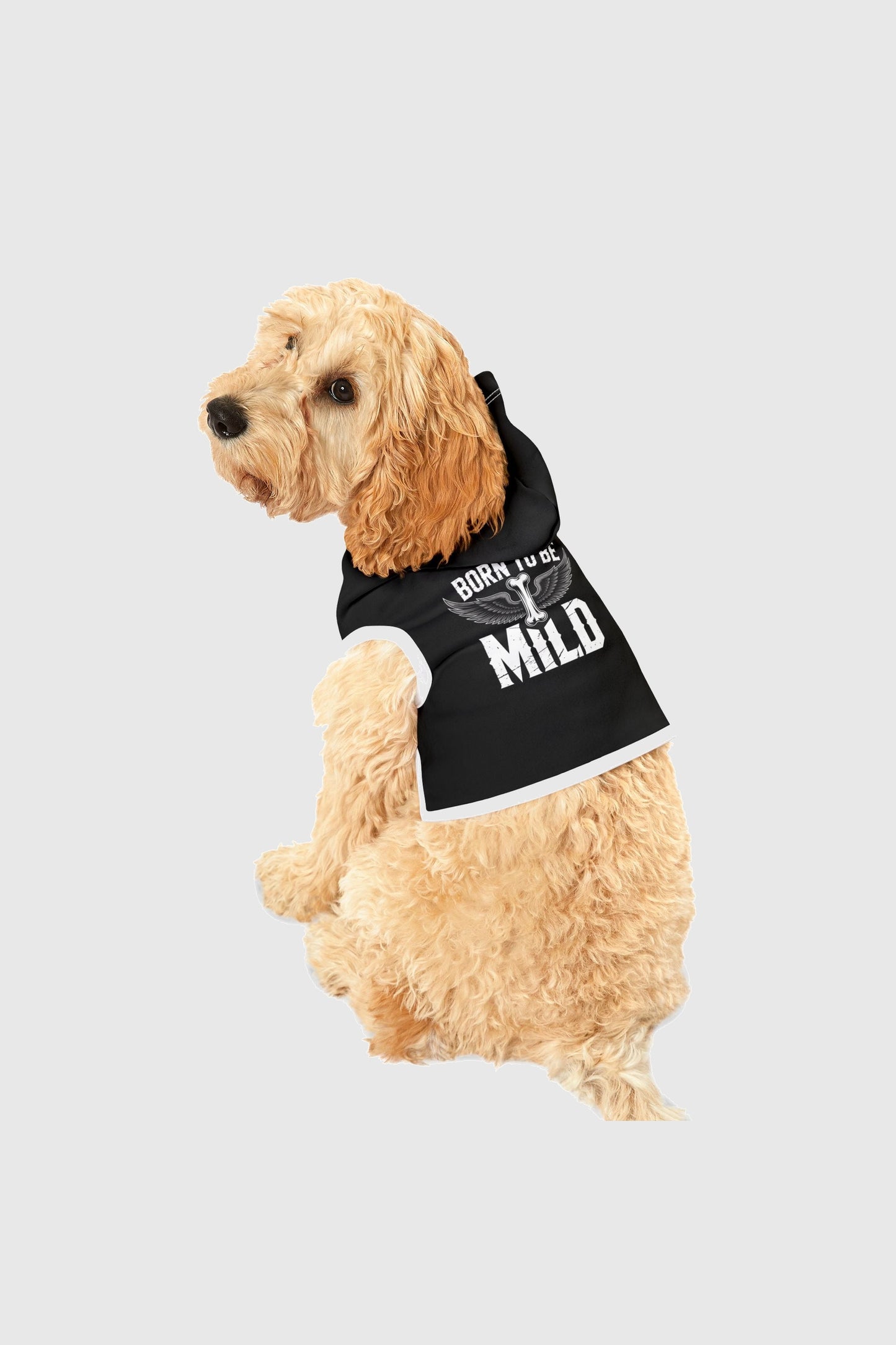 Born to be mild print detail on black dog hoodie