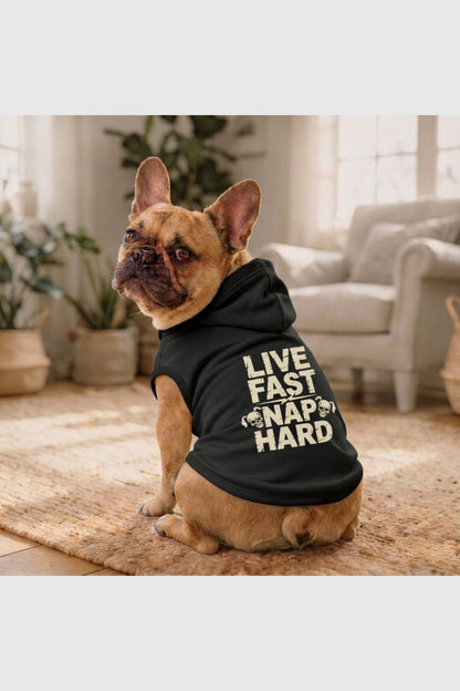 Black dog hoodie with live fast nap hard print, pullover style