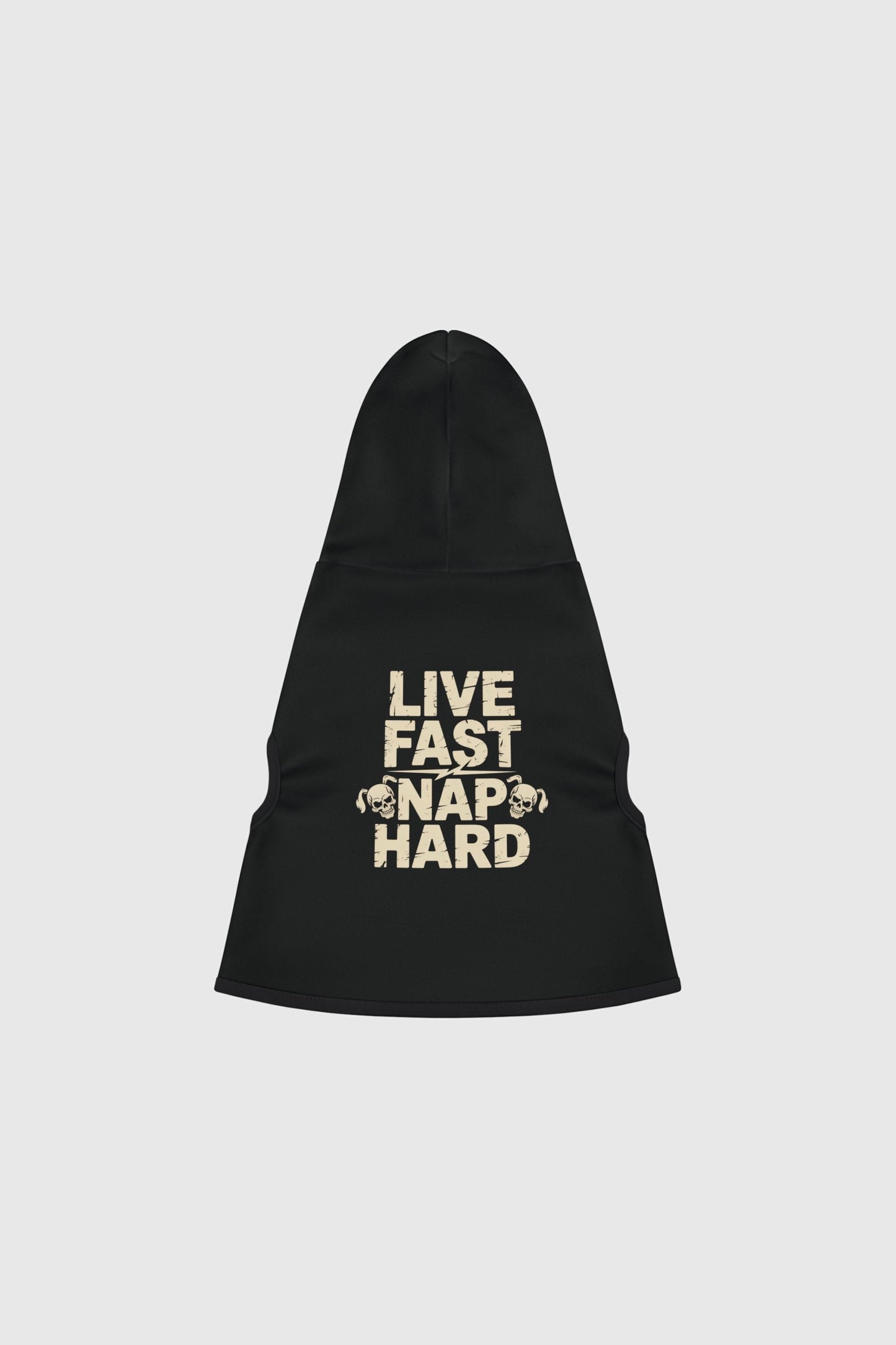 Dachshund wearing black live fast nap hard dog hoodie