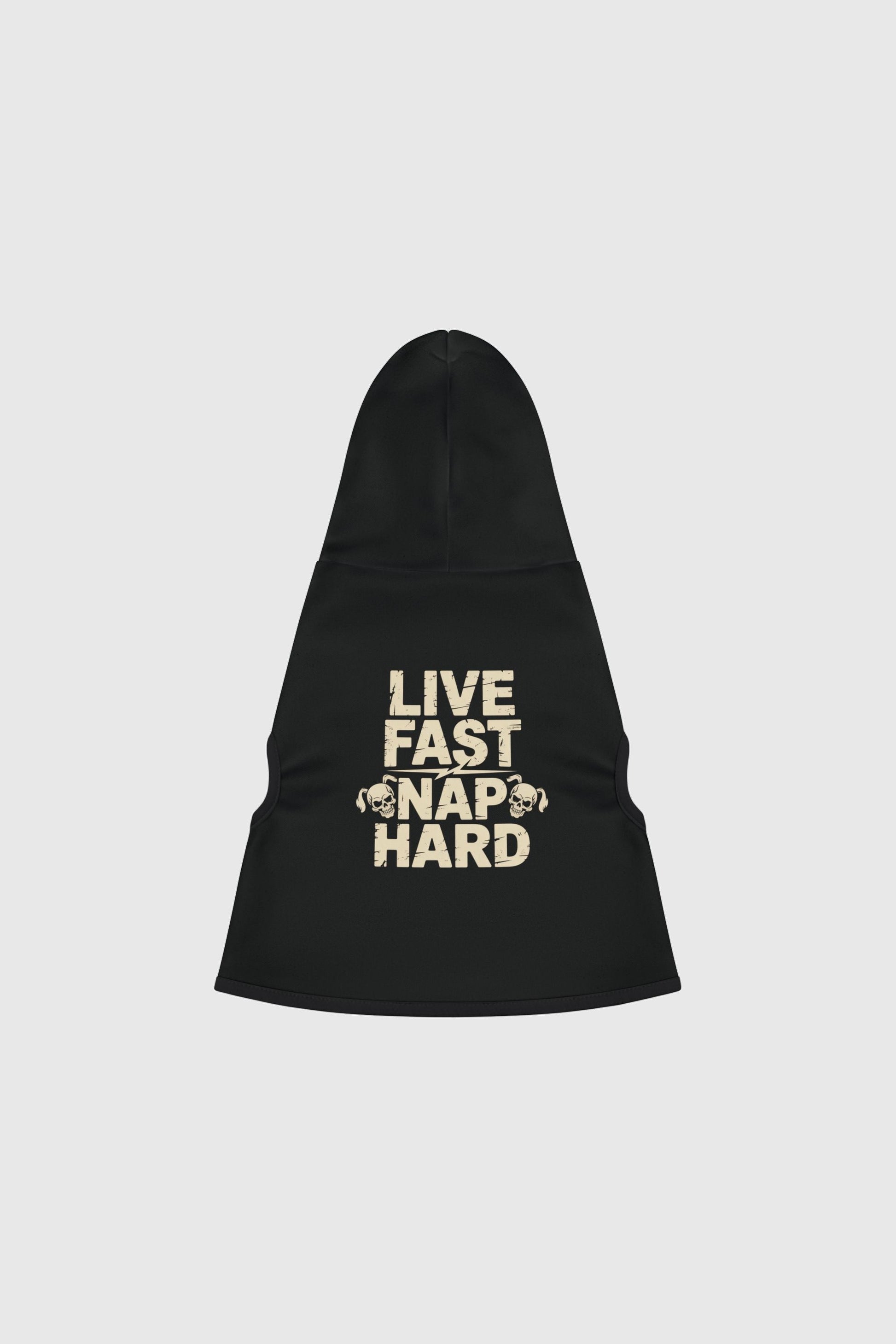Dachshund wearing black live fast nap hard dog hoodie