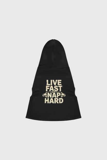 Dachshund wearing black live fast nap hard dog hoodie