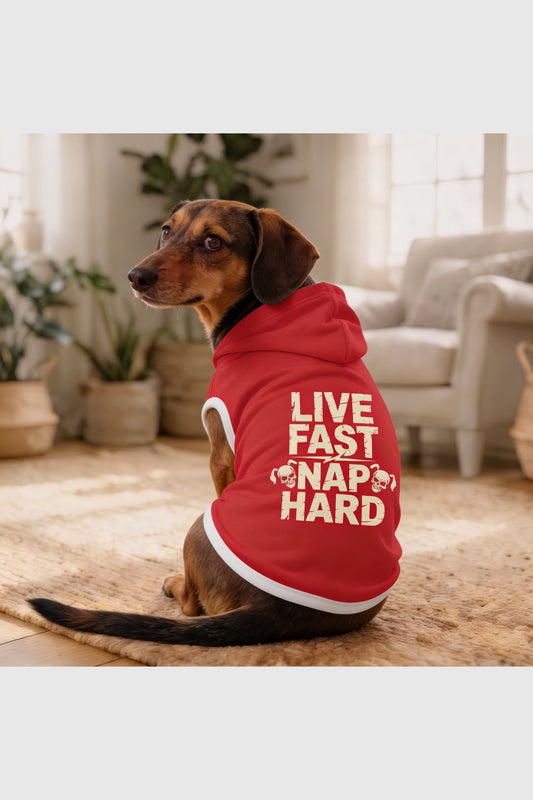 Red dog hoodie with live fast nap hard print, pullover style