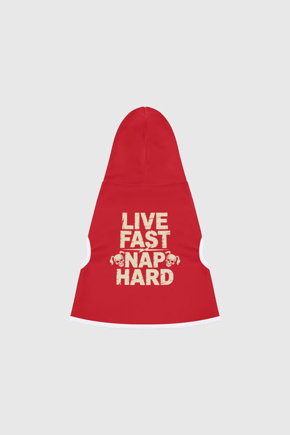 Dachshund wearing red live fast nap hard dog hoodie