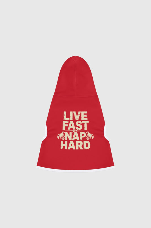 Dachshund wearing red live fast nap hard dog hoodie