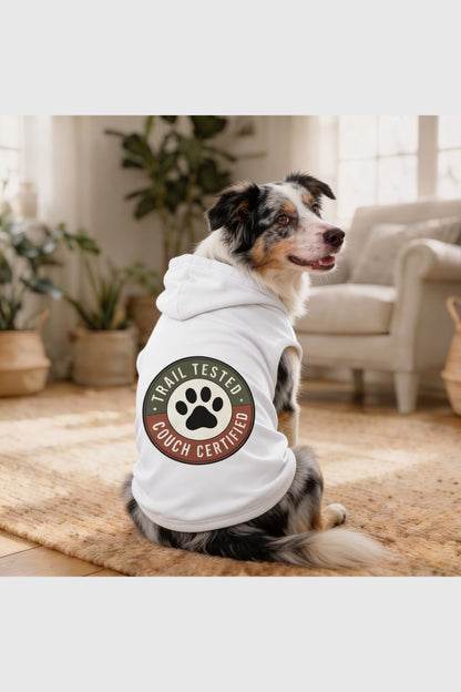 Dog hoodie with trail tested couch certified print, pullover style
