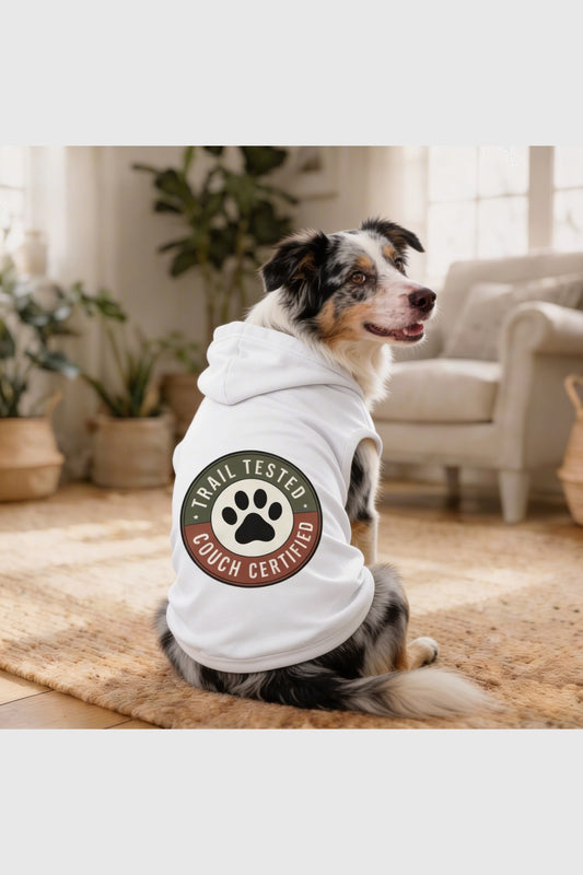 Dog hoodie with trail tested couch certified print, pullover style