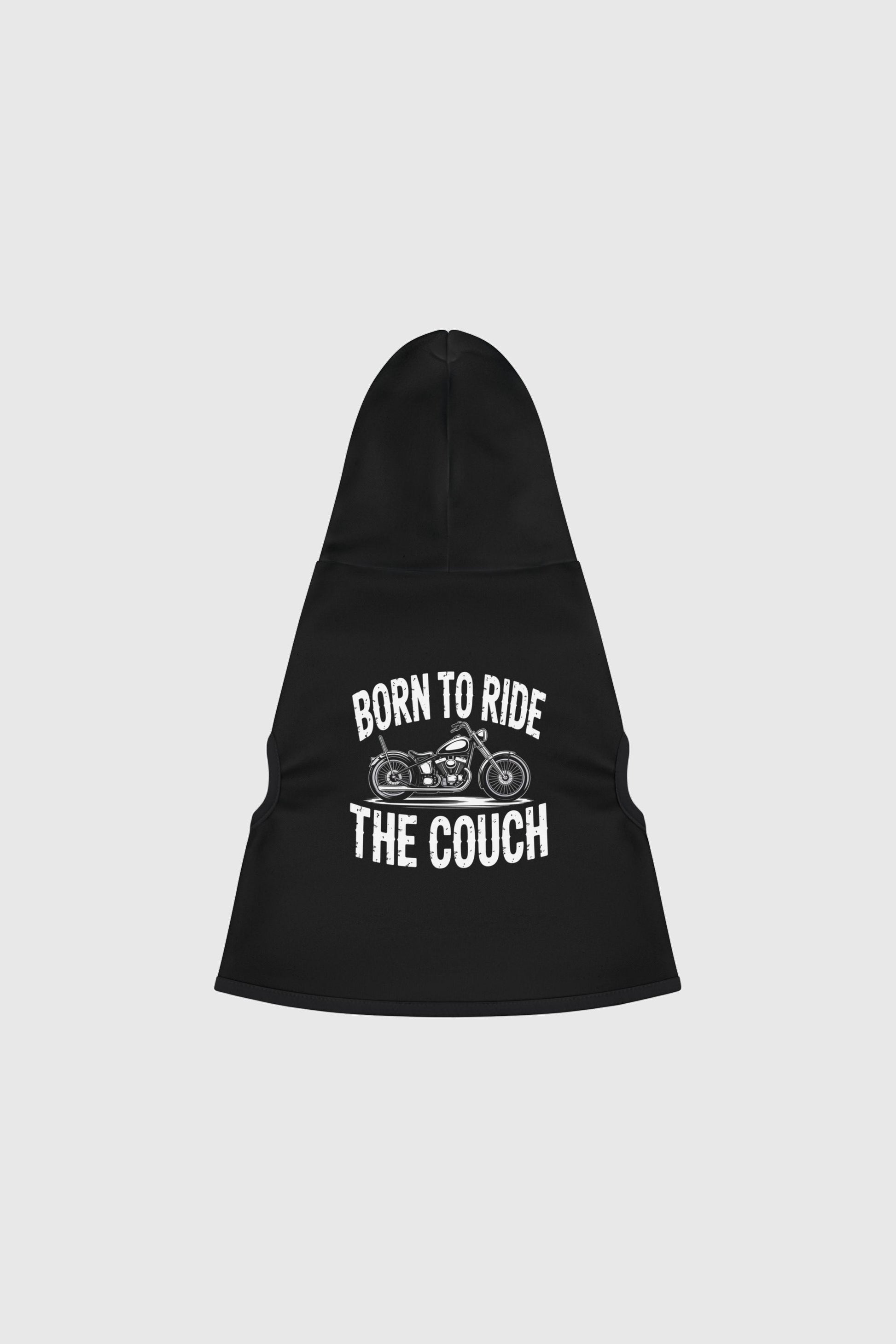 Dachshund wearing black born to ride the couch dog hoodie